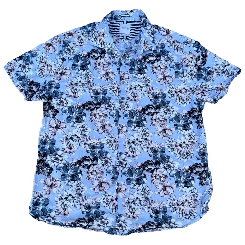 Cactus Man Ricky Singh Blue Floral Hawaiian Button Up T-shirt